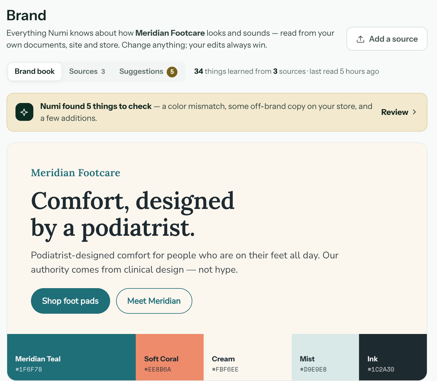 A brand book in Numiyo: tagline, positioning and colour palette that Numi learned from a store’s own site and documents.