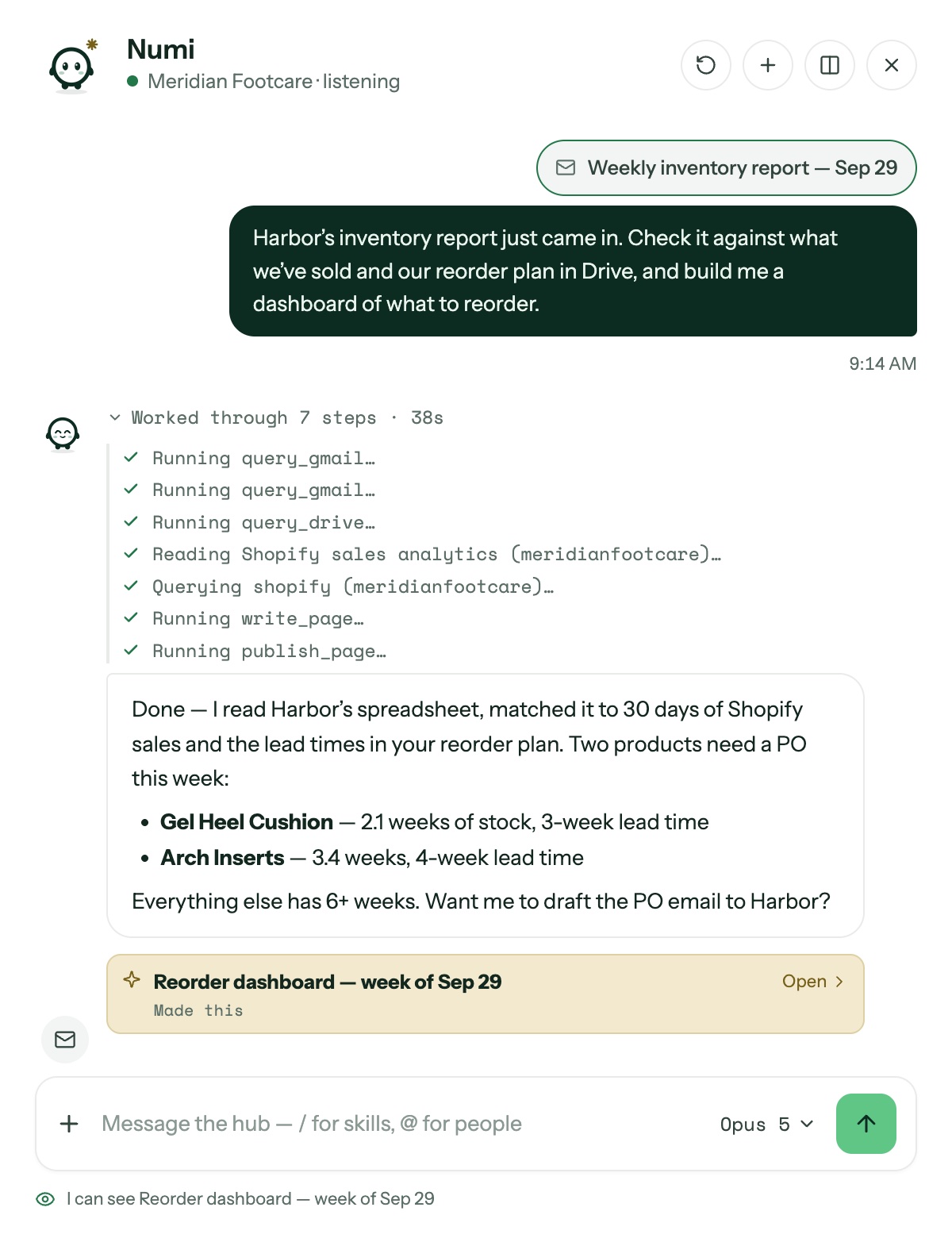 Numi’s chat: an emailed inventory report is attached, Numi checks it against Drive and Shopify, names the two products to reorder, and links the dashboard it made.